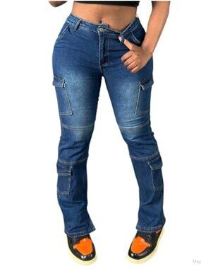 Women's Mid Rise Skinny Cargo Jeans Stretchy Denim Pants